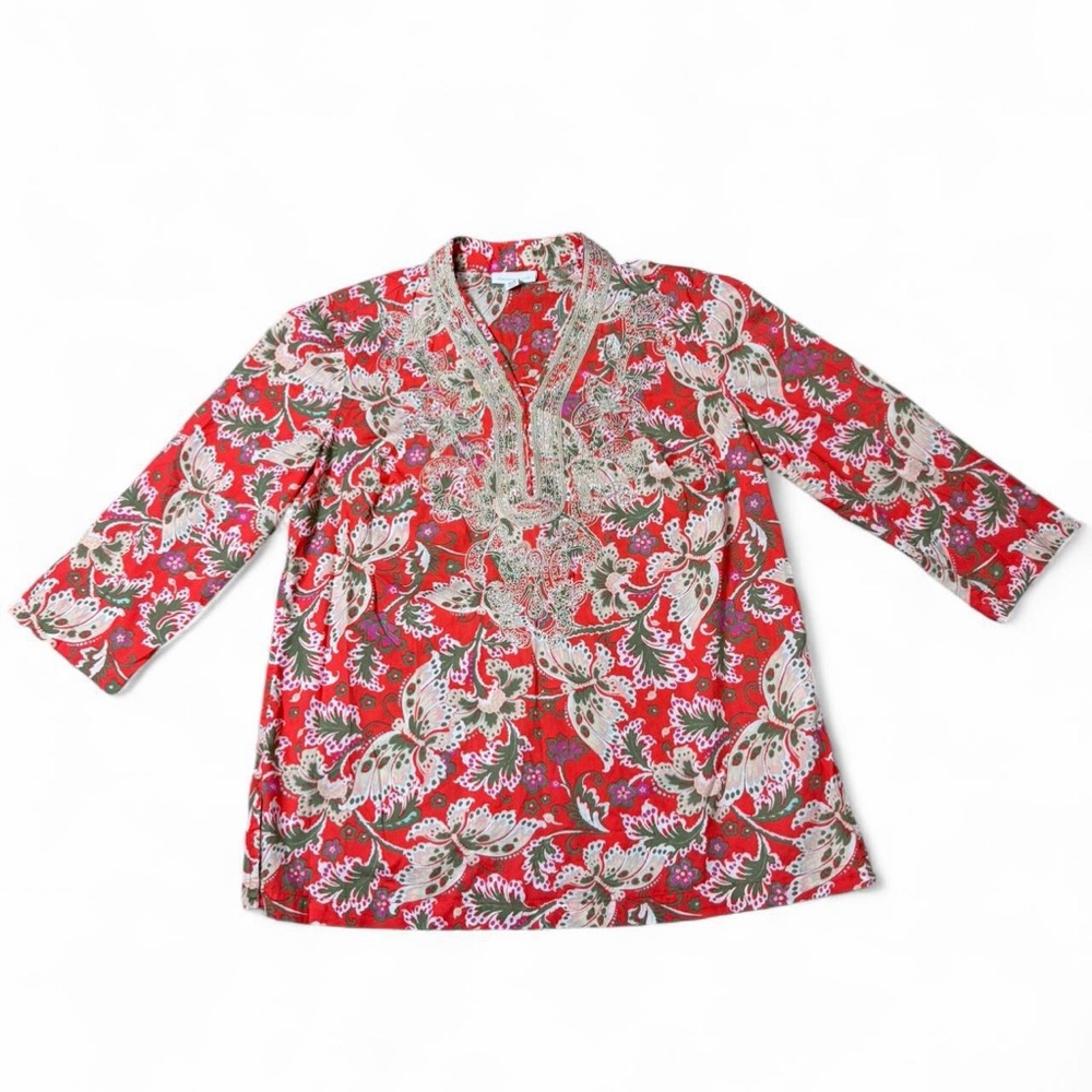 Charter Club Floral Paisley Boho Tunic Blouse Medium Coral 100% Cotton